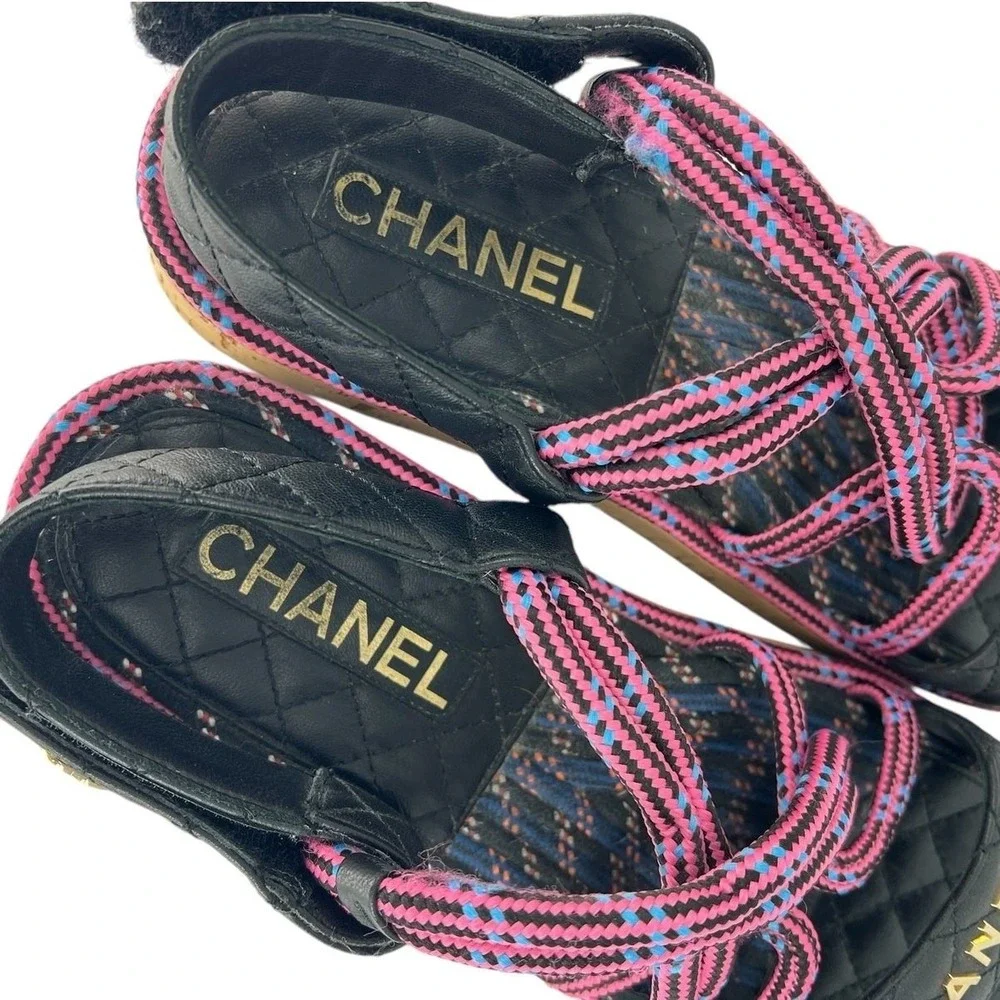 Chanel 2020 Cord Lambskin Quilted Logo Sandals Pink Black Size 38